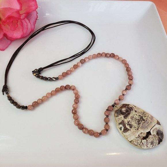 Large Gray & White Jasper Stone Pendant on Brown Cord Necklace Pink Agate Beads - Picture 12 of 12